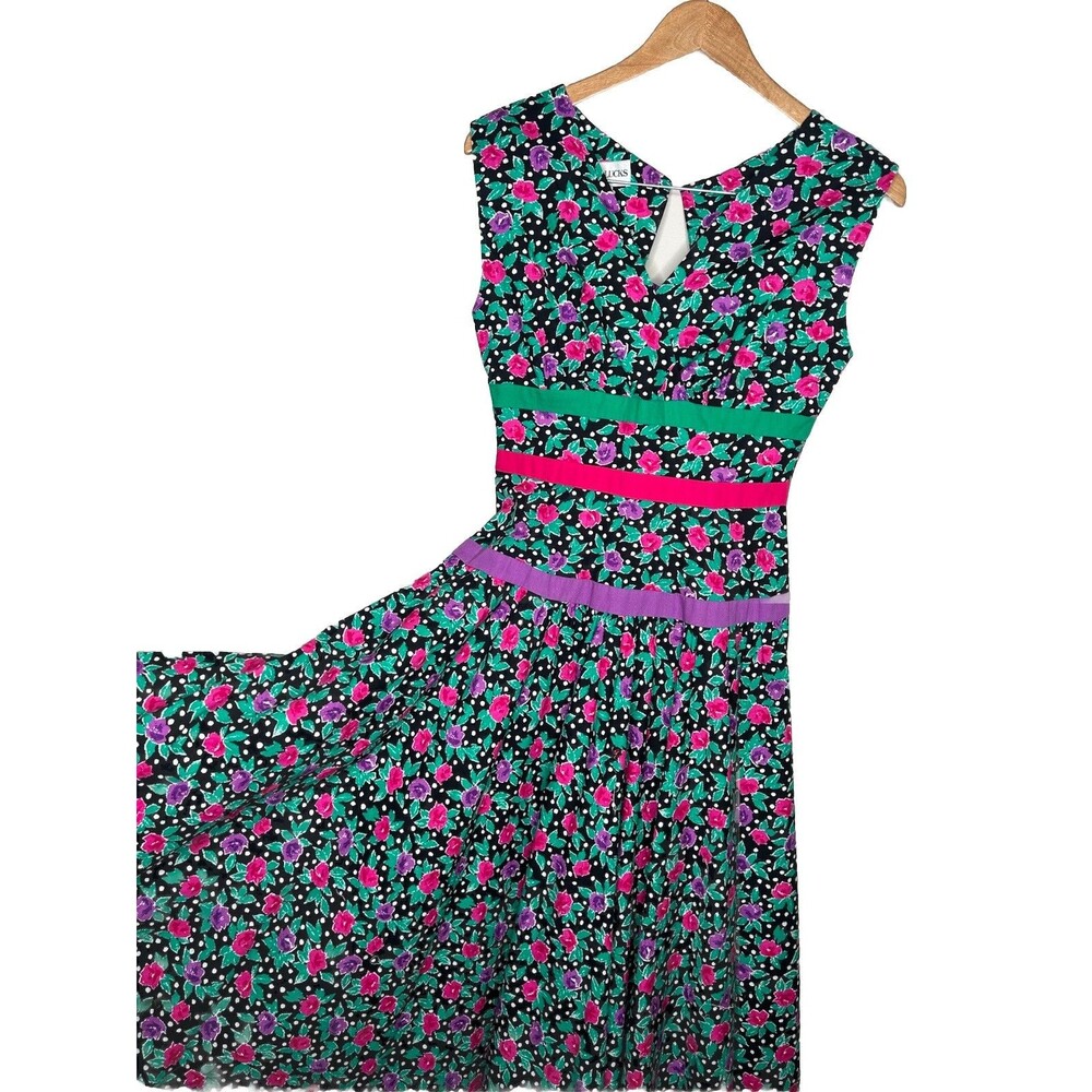 Vtg 80s Leslie Lucks Size 4 Whimsy Artsy Polka Dot Bow Floral Pleated Dress